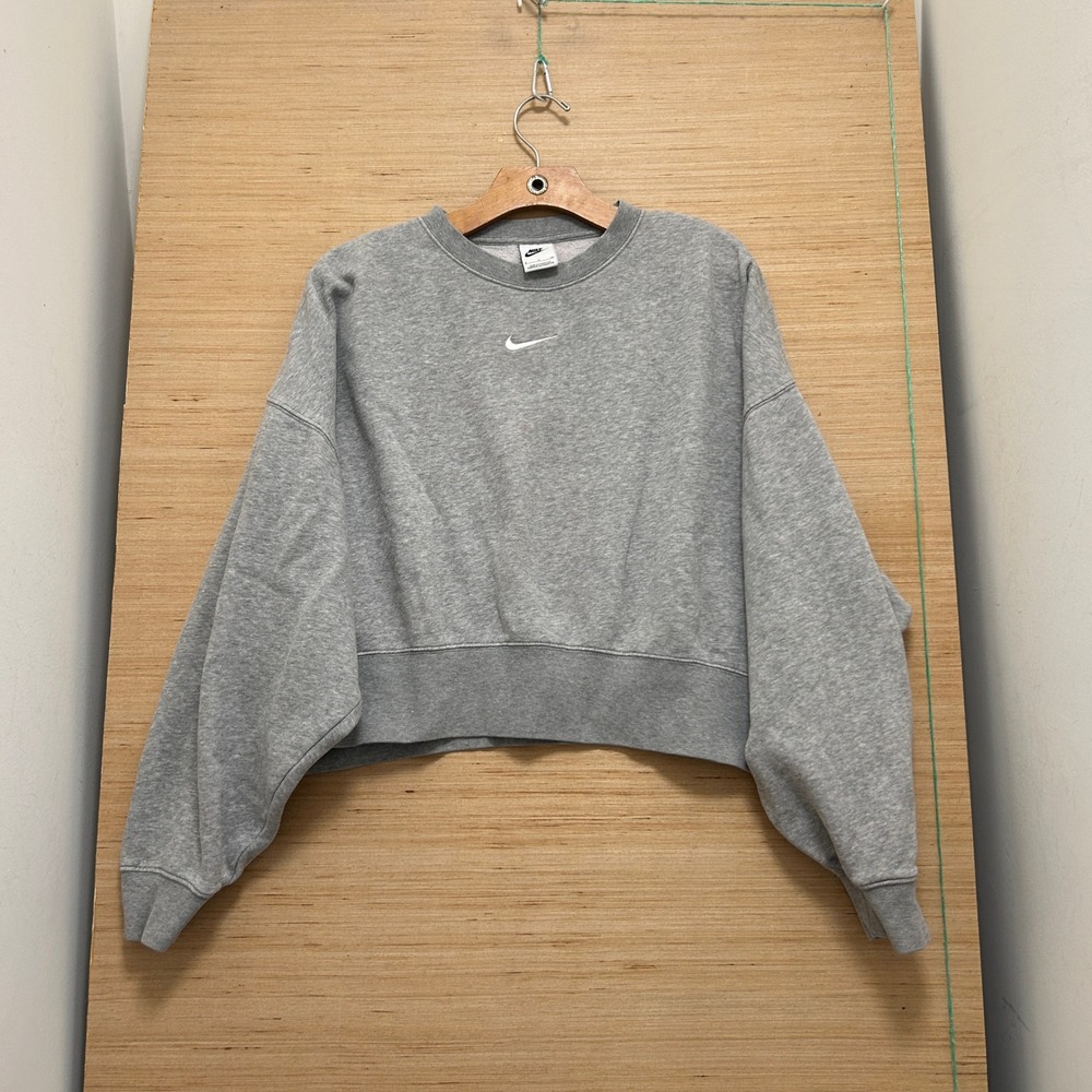 Nike Sportswear Essential Cropped Sweatshirt Grey Oversized Swoosh Pullover S